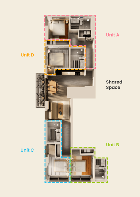 A diagram shows the layout of four units in a building with a shared space in the middle.
